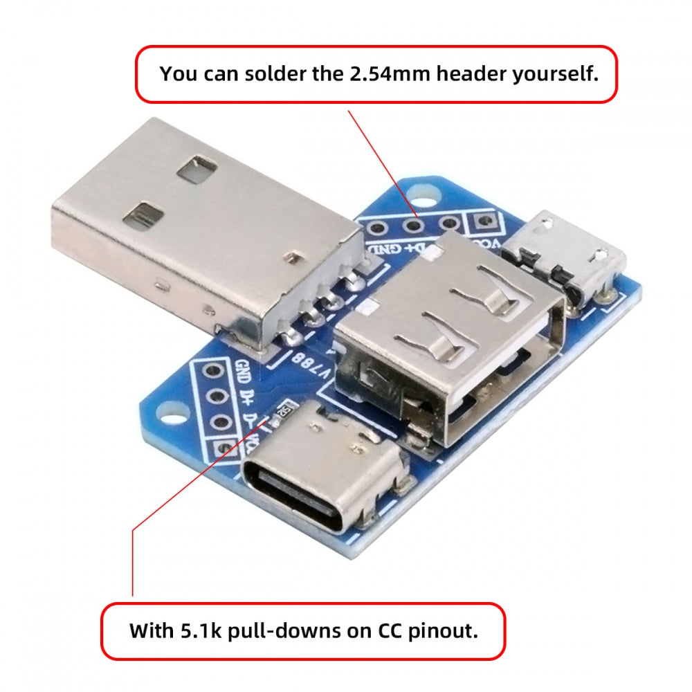 USB2.0 1-to-3 Power Type-A Male To Female Type-A & Micro USB & USB-C Type-C Adapter PCBA