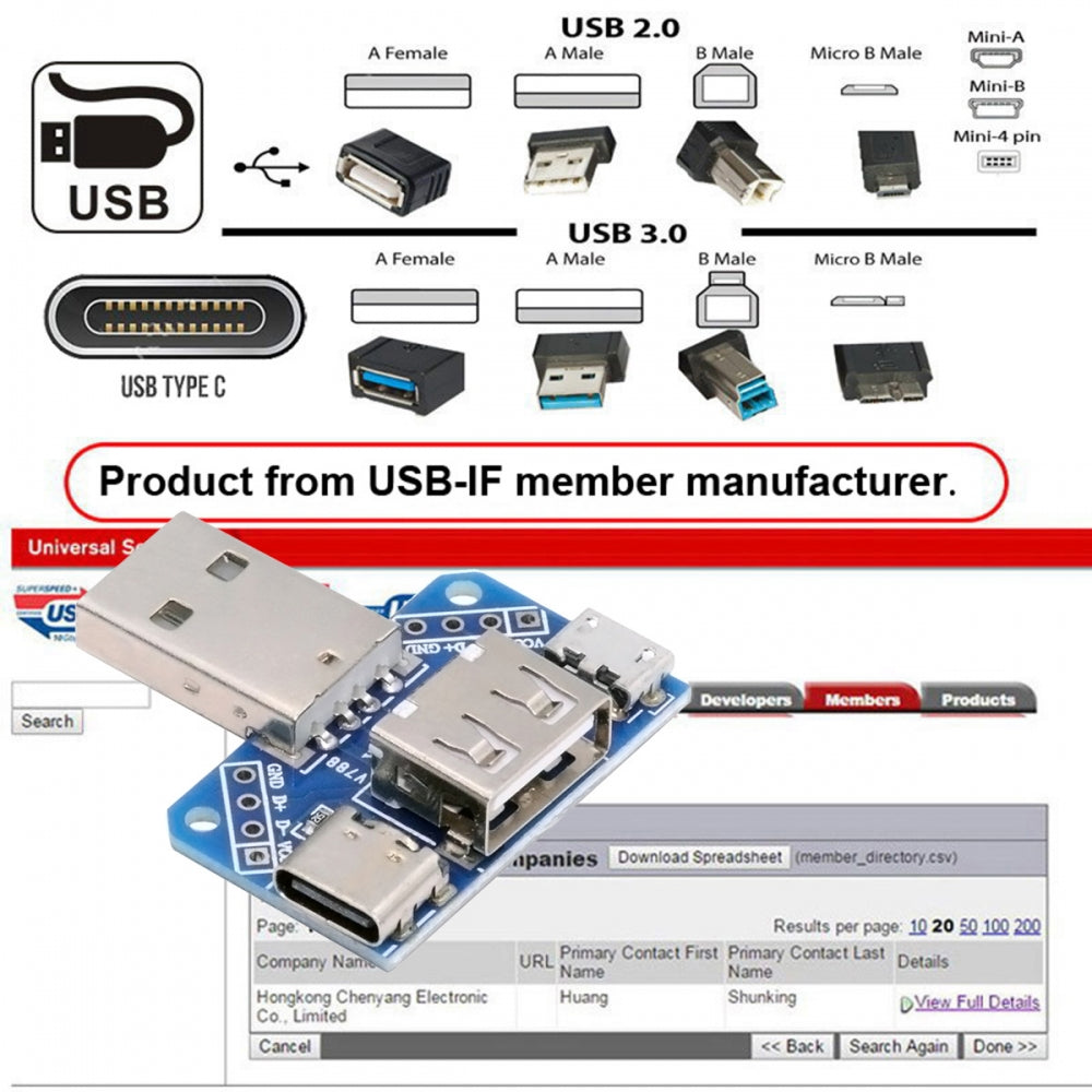 USB2.0 1-to-3 Power Type-A Male To Female Type-A & Micro USB & USB-C Type-C Adapter PCBA