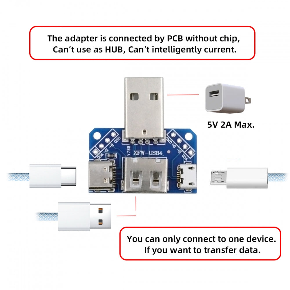USB2.0 1-to-3 Power Type-A Male To Female Type-A & Micro USB & USB-C Type-C Adapter PCBA