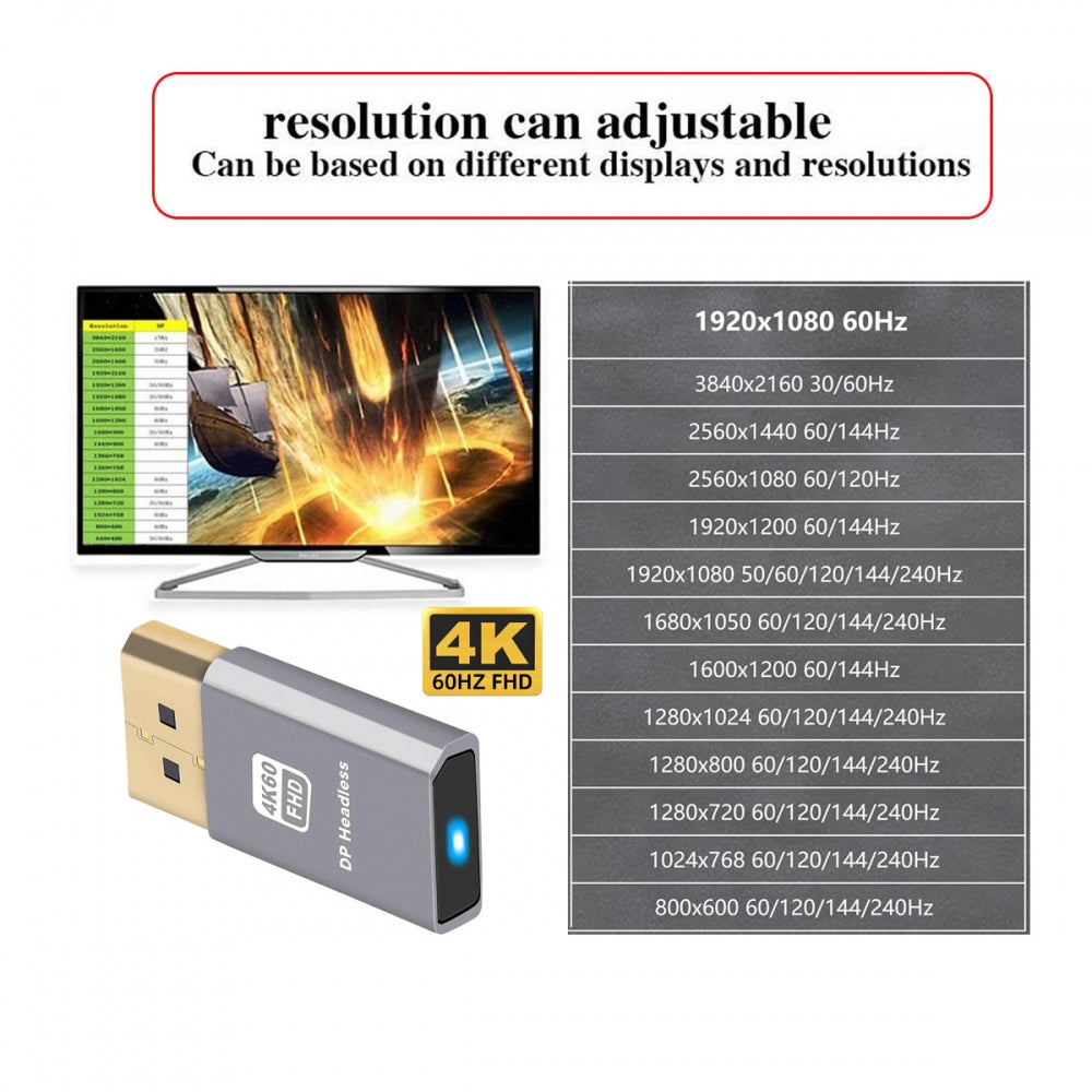 4K@60Hz DP Virtual Display Displayport Active Adapter Dummy Plug Headless Ghost Emulator 1080p@120Hz