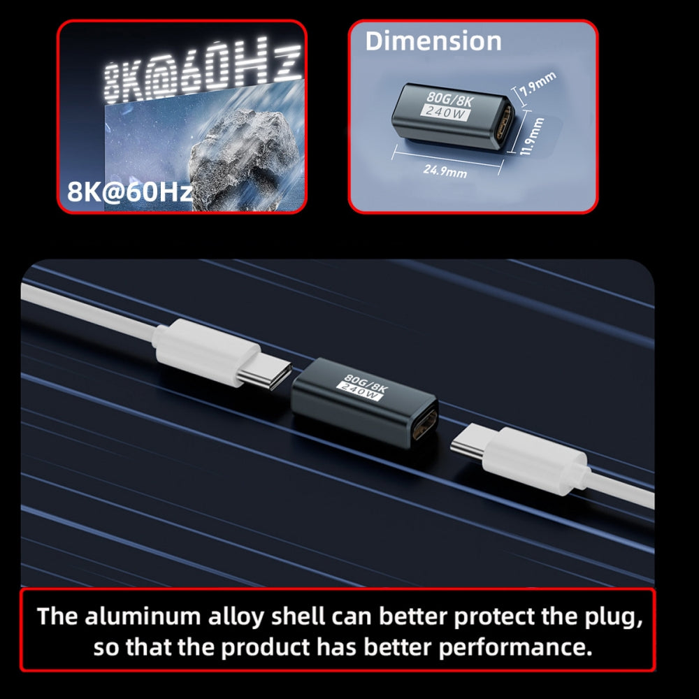 USB5.0 80Gbps Female to Female Extension Adapter with 240W 16K 8K 5K Compatible with USB4.0 Thunderbolt3/4/5