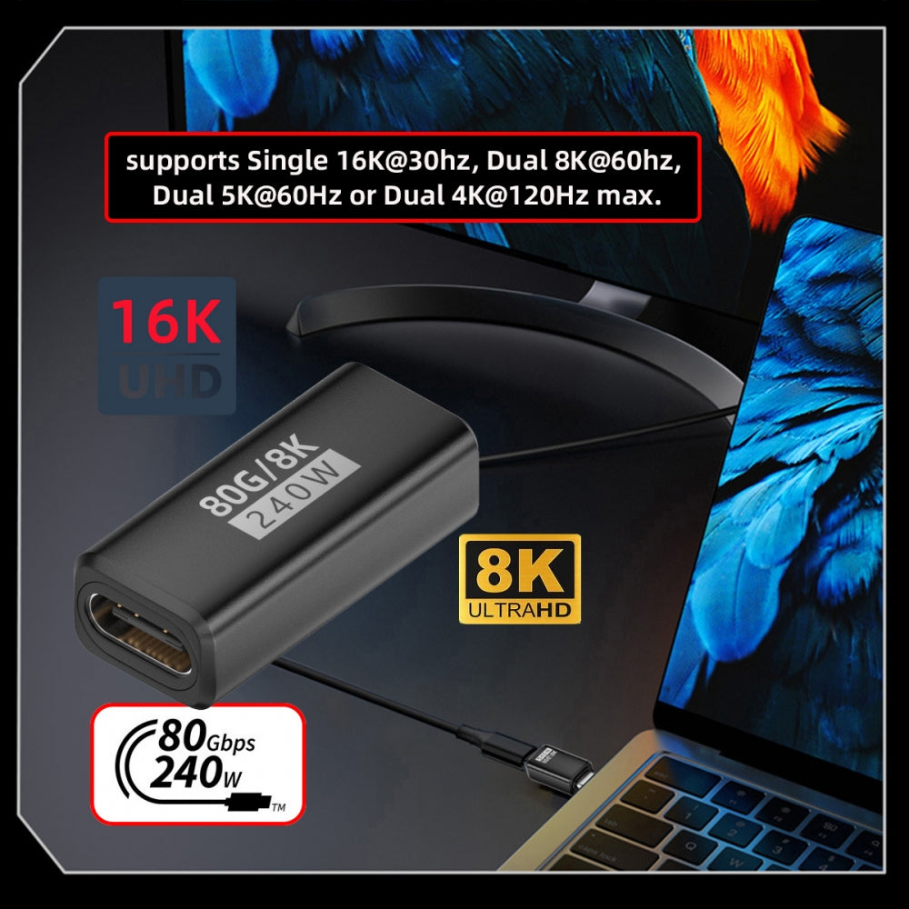 USB5.0 80Gbps Female to Female Extension Adapter with 240W 16K 8K 5K Compatible with USB4.0 Thunderbolt3/4/5
