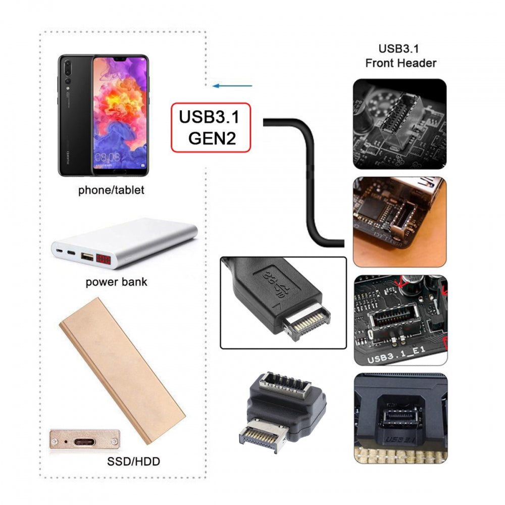 20pin Type-E Male to Type-E USB 3.1 Front Panel Header Female Motherboard Extension Data Adapter 90 Degree Angled