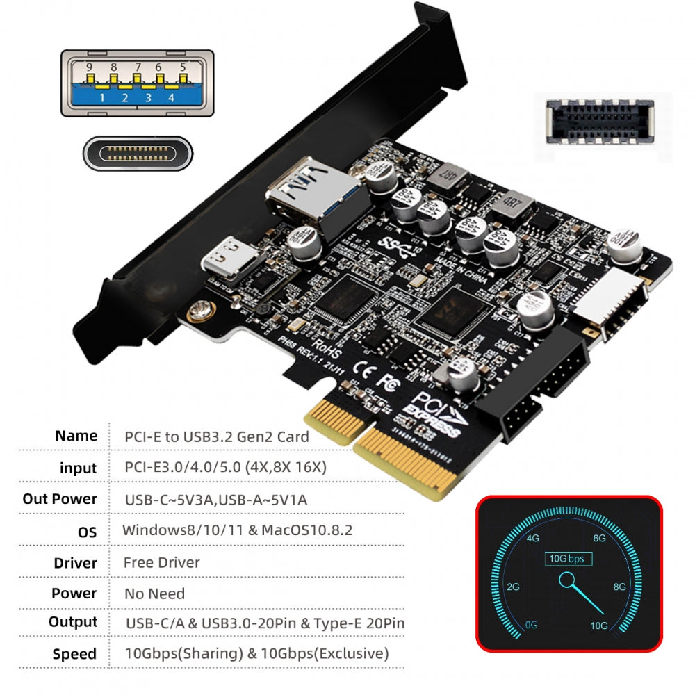 10Gbps Type-E USB 3.1 Front Socket & USB3.0 19Pin/20Pin & Type-A USB-C to PCI-E Express Card Adapter ASM3142 VL822