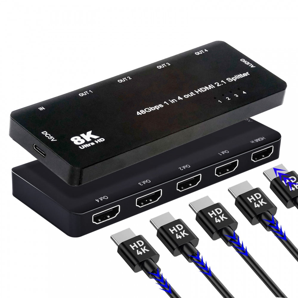 HDMI Splitter 8K 60hz Ultra-HD Converter Compatible 2.1 Switch 1-IN-4-OUT 48Gbps UHD Hub Support HDCP SST Extended 4K@120hz 3.5mm Audio