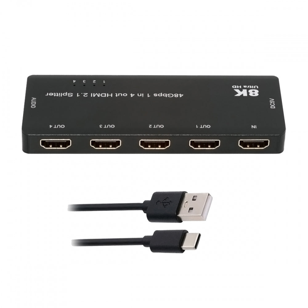 HDMI Splitter 8K 60hz Ultra-HD Converter Compatible 2.1 Switch 1-IN-4-OUT 48Gbps UHD Hub Support HDCP SST Extended 4K@120hz 3.5mm Audio