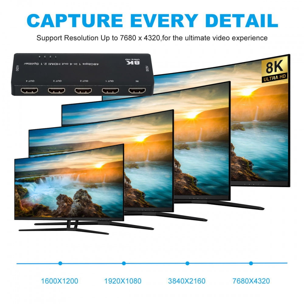 HDMI Splitter 8K 60hz Ultra-HD Converter Compatible 2.1 Switch 1-IN-4-OUT 48Gbps UHD Hub Support HDCP SST Extended 4K@120hz 3.5mm Audio