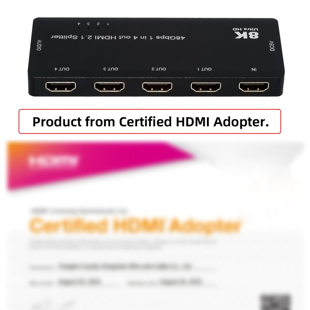 HDMI Splitter 8K 60hz Ultra-HD Converter Compatible 2.1 Switch 1-IN-4-OUT 48Gbps UHD Hub Support HDCP SST Extended 4K@120hz 3.5mm Audio