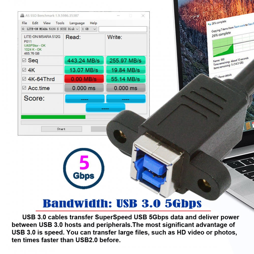 USB 3.0 Type-B Female to USB2.0 Type-B Male Cable Extension 5Gbps for Disk SSD Camera Data 30cm