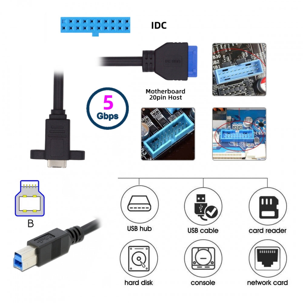 USB 3.0 Type-B Female to USB3.0 20Pin IDC Header Male Cable Extension 5Gbps for Disk SSD Camera Data 30cm