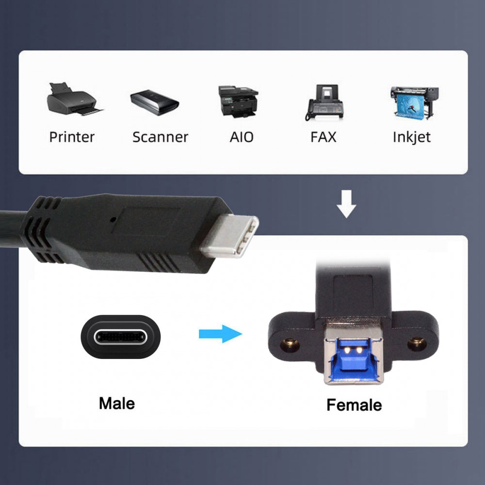 USB 3.0 Type-B Female to USB3.0 Type-C Male Cable Extension 5Gbps for Disk SSD Camera Data 30cm