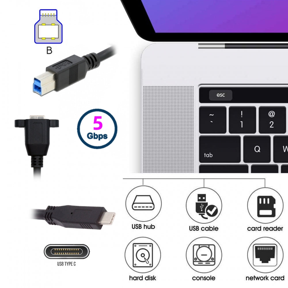 USB 3.0 Type-B Female to USB3.0 Type-C Male Cable Extension 5Gbps for Disk SSD Camera Data 30cm