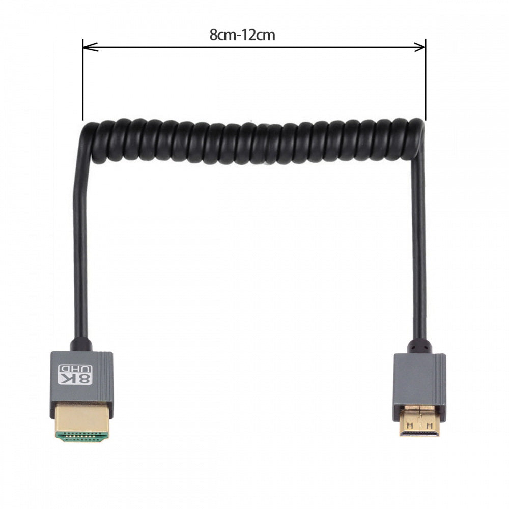 Mini HDMI 2.1 Male to HDMI Male 8K 60hz Stretch Coiled Cable 100cm for HDTV Computer Laptop Monitor