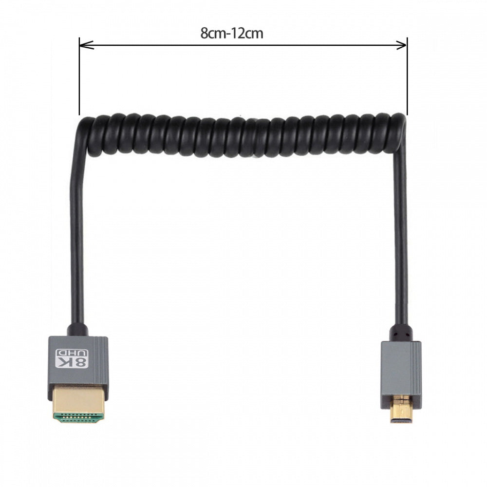 Micro HDMI 2.1 Male Type-D to HDMI Male 8K 60hz Stretch Coiled Cable 100cm for HDTV Camera Laptop Monitor
