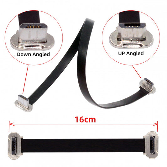 Micro USB2.0 Male to Micro USB Male 5Pin Ultra Slim Flat Data Charge Cable 16cm Down to Up Angle 90 Degree Connector