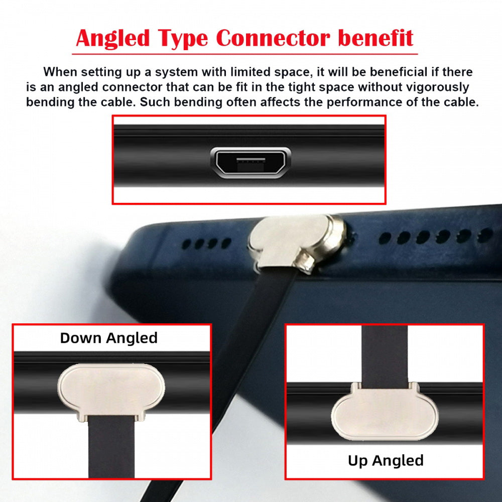 Micro USB2.0 Male to Micro USB Male 5Pin Ultra Slim Flat Data Charge Cable 16cm Down to Up Angle 90 Degree Connector