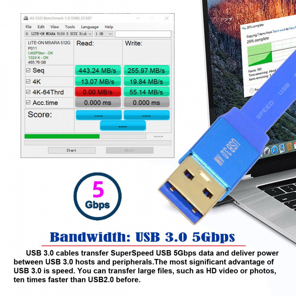 Ultra Flat Slim USB 3.0 Type-A Male to USB3.0 A Female Cable Extension Blue 5Gbps for Disk SSD Camera Data