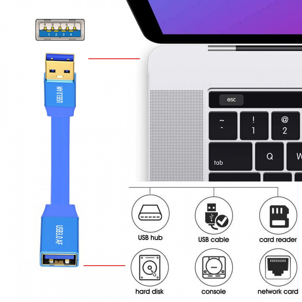 Ultra Flat Slim USB 3.0 Type-A Male to USB3.0 A Female Cable Extension Blue 5Gbps for Disk SSD Camera Data