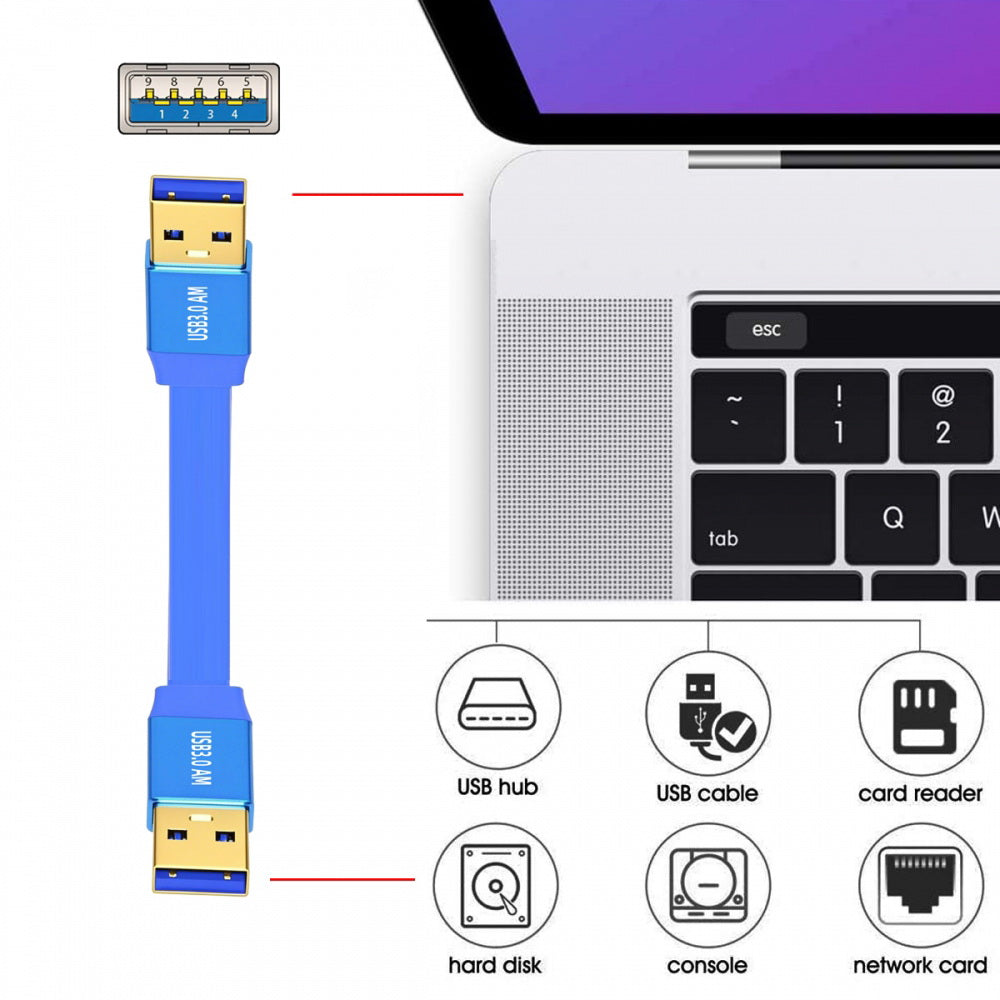 Ultra Flat Slim USB 3.0 Type-A Male to USB3.0 A Male Cable Extension Blue 5Gbps for Disk SSD Camera Data
