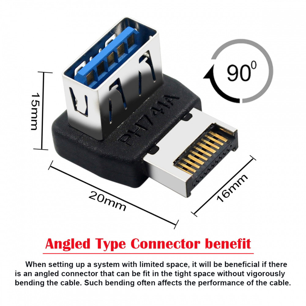 USB 3.1 Front Panel Header Male Type-E to Type-A USB3.0 Female  Data Adapter Up Angled 90 Degree for Motherboard