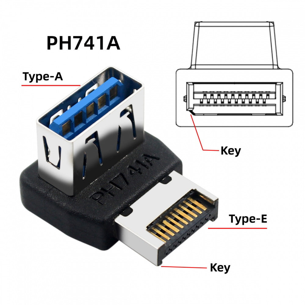 USB 3.1 Front Panel Header Male Type-E to Type-A USB3.0 Female  Data Adapter Up Angled 90 Degree for Motherboard