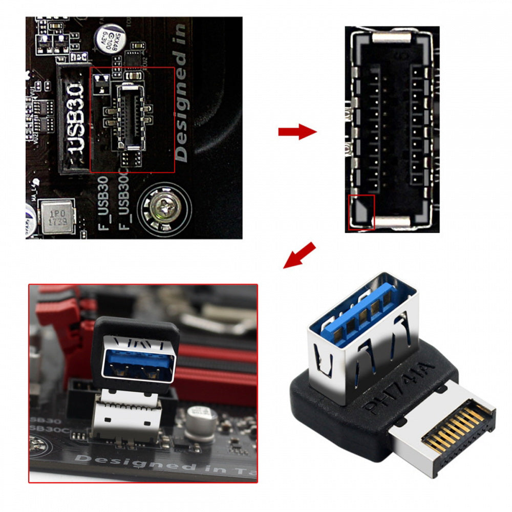 USB 3.1 Front Panel Header Male Type-E to Type-A USB3.0 Female  Data Adapter Up Angled 90 Degree for Motherboard