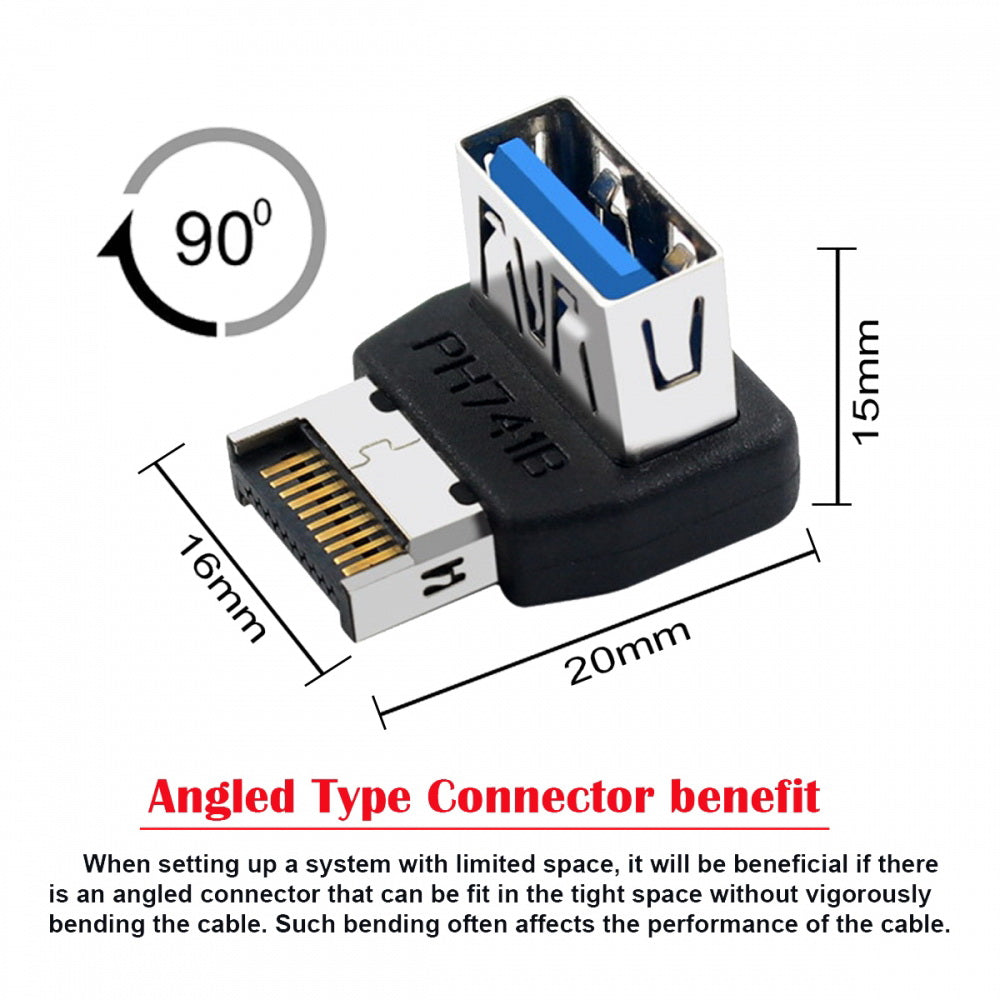 USB 3.1 Front Panel Header Male Type-E to Type-A USB3.0 Female  Data Adapter Down Angled 90 Degree for Motherboard