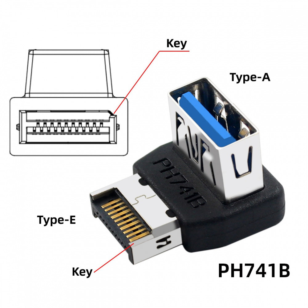 USB 3.1 Front Panel Header Male Type-E to Type-A USB3.0 Female  Data Adapter Down Angled 90 Degree for Motherboard