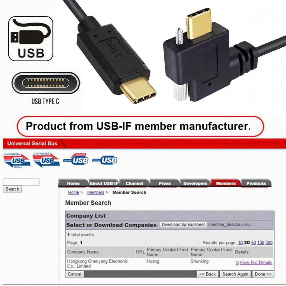 USB 3.1 Type-C Male to Single Thumbscrew Locking USB-C Horizontal 90 Degree Left Right Angled  10Gbps Data Cable Panel Mount Type