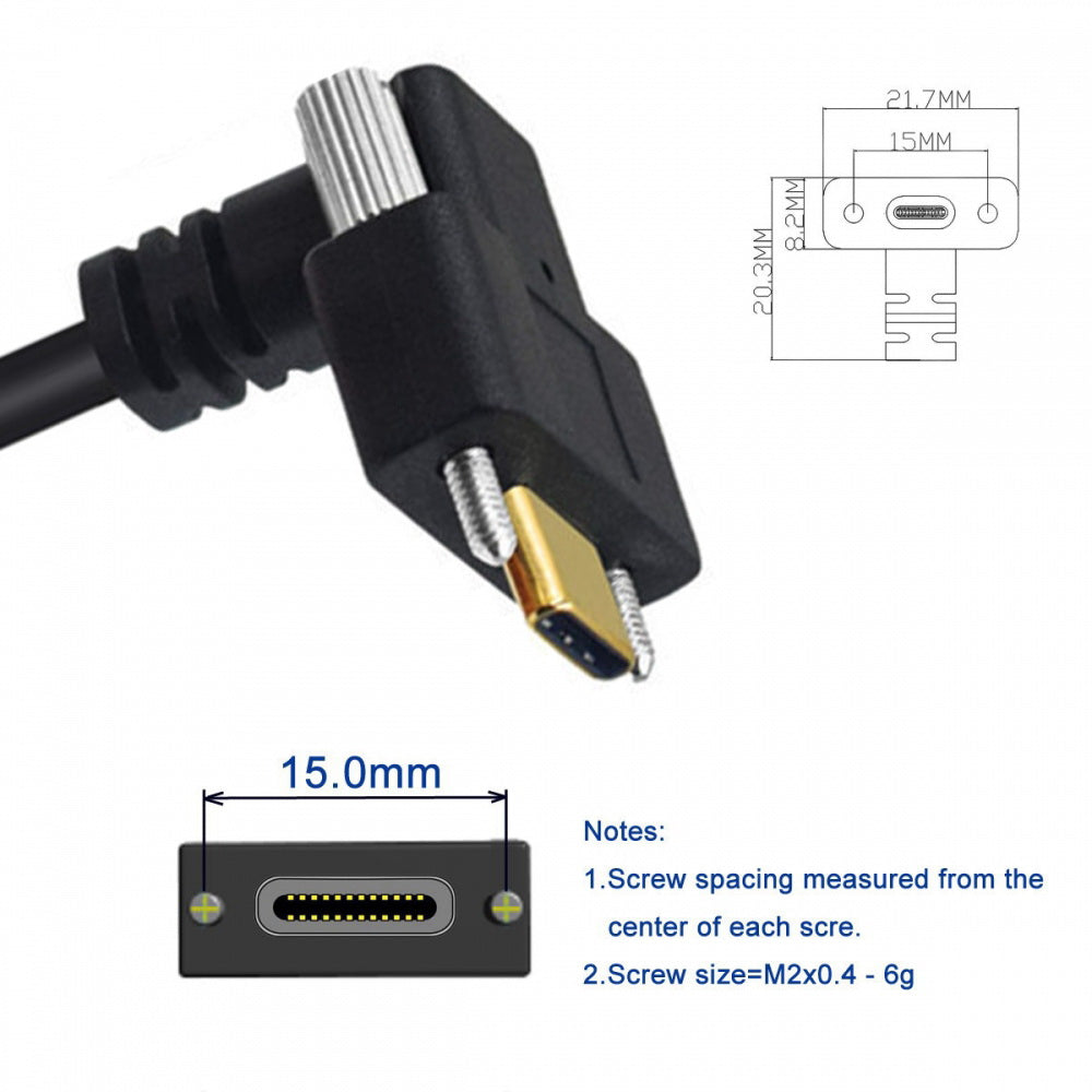 USB3.1 Type-C Male to Dual Thumbscrew Locking USB-C Vertical 90 Degree Up Down Angled 10Gbps Data Cable Panel Mount Type