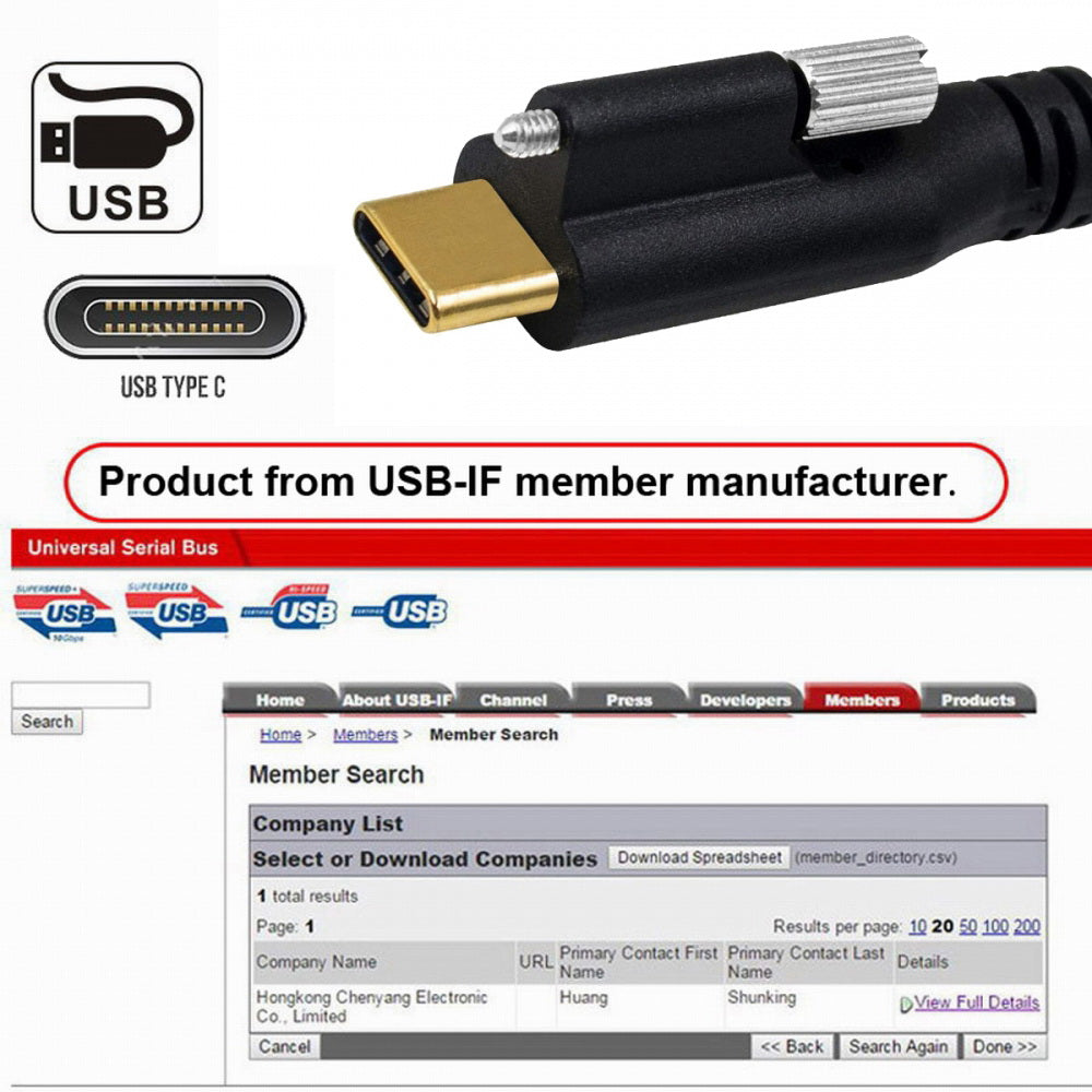 USB 3.1 Type-C Male to Single Thumbscrew Locking USB-C 10Gbps Data 4K Cable Panel Mount Type