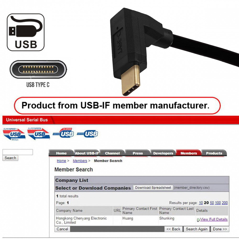 USB3.1 Type-C Male to USB-C Vertical 90 Degree Up Down Angled 10Gbps 4K Data Cable 65W