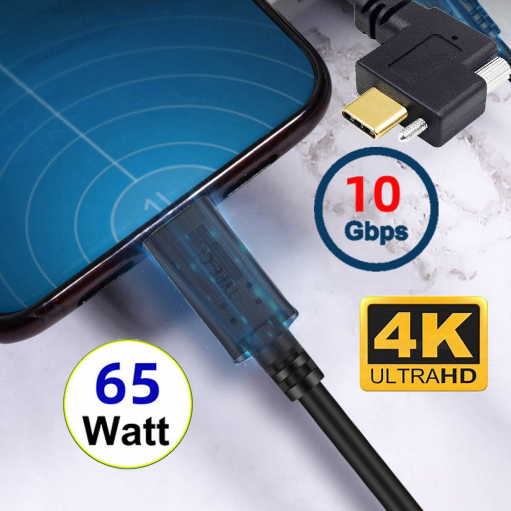 USB 3.1 Type-C Male to Single Thumbscrew Locking USB-C Horizontal 90 Degree Left Right Angled  10Gbps Data Cable Panel Mount Type