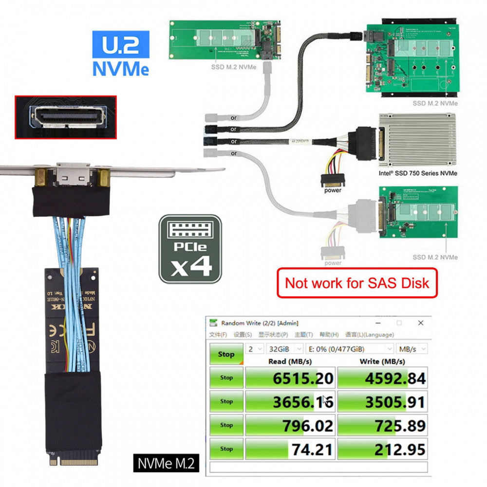 2280 NGFF PCI-E4.0 M.2 M-key to Oculink SFF-8612 SFF-8611 Host Cable 30cm with Bracket for NVME U.2 SSD eGPU