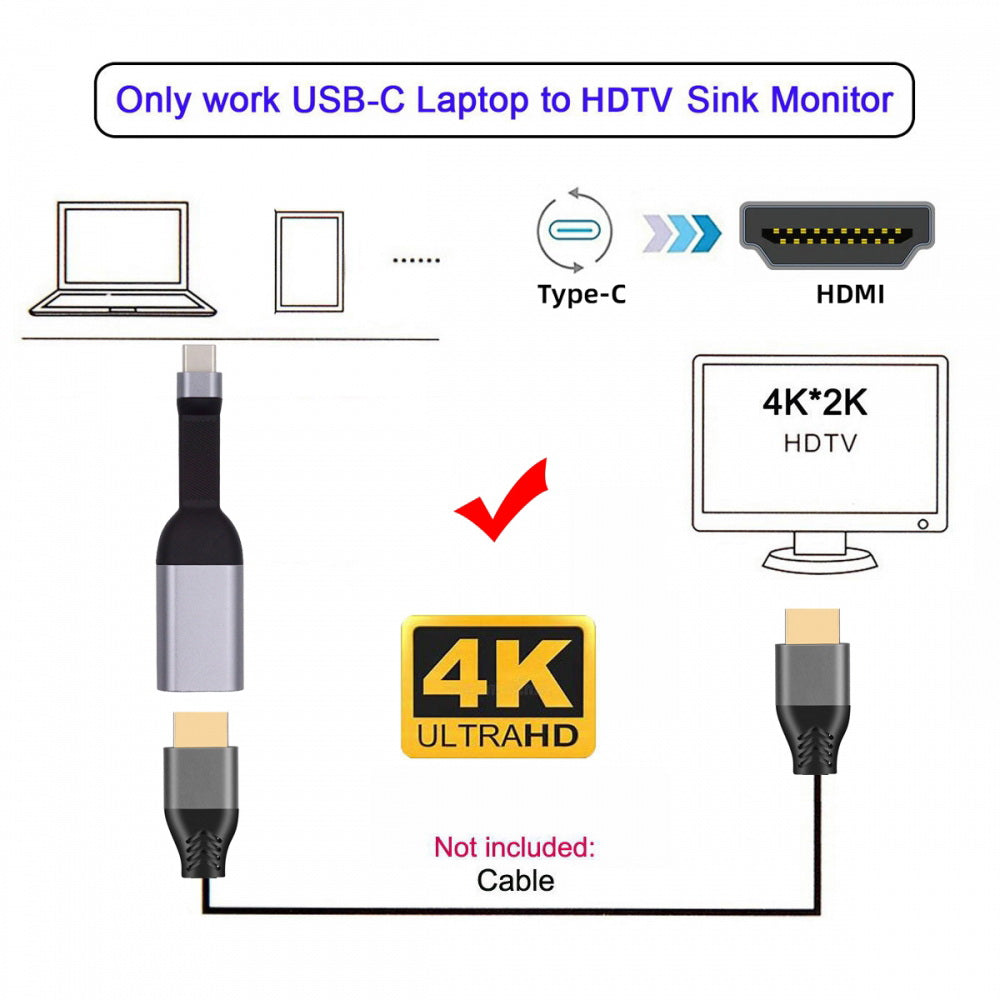 USB-C Type-C Source to HDMI 4K 60hz Sink HDTV Adapter Ultra Slim Flat Cable 1080p for Laptop Tablet Phone