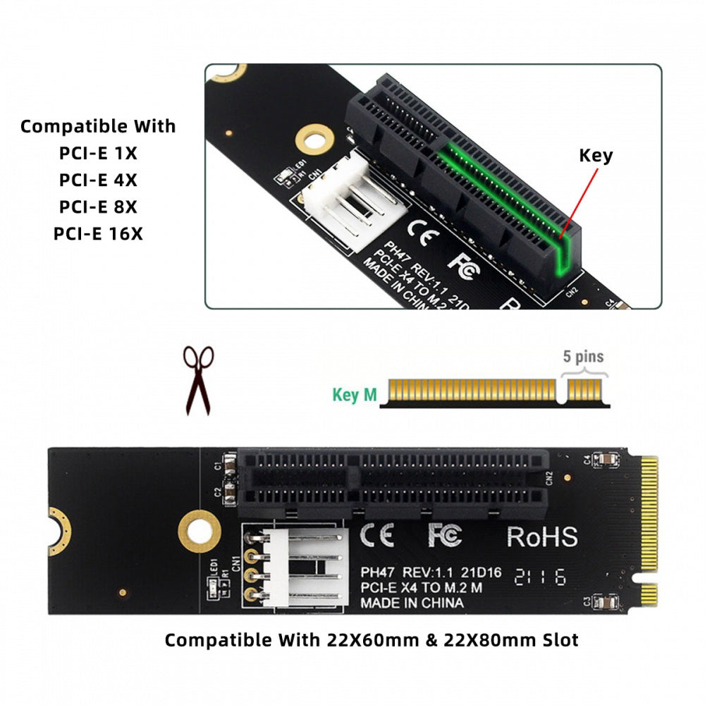 M.2 NGFF NVMe M-Key Extender to PCI-E X1 X4 X8 X16 Graphics Card Riser Adapter PCI-Express for M2 2260 2280