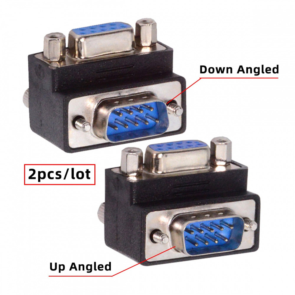 2pcs/lot Up & Down Angled 90 Degree RS232 D-Sub 9Pin Screw Type Male to Female Nut Type Extension Adapter