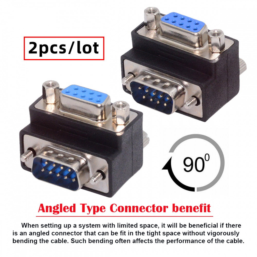 2pcs/lot Up & Down Angled 90 Degree RS232 D-Sub 9Pin Screw Type Male to Female Nut Type Extension Adapter