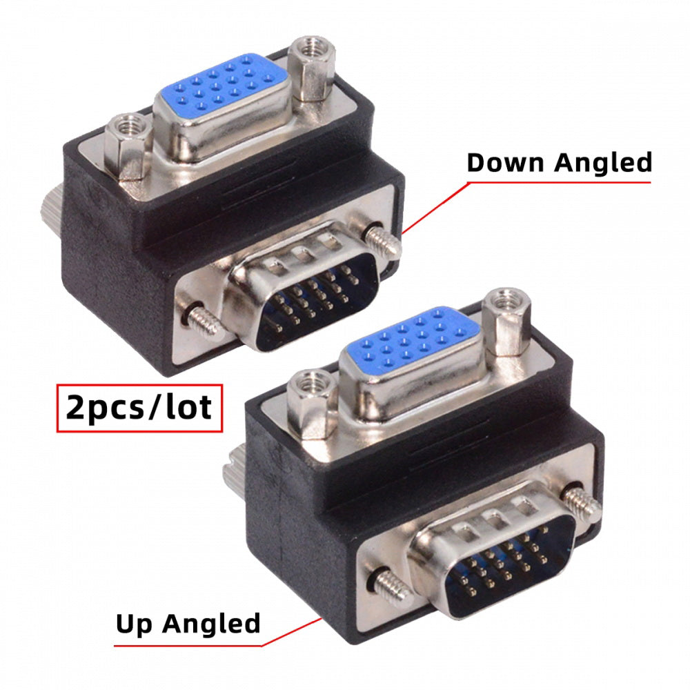 2pcs/lot Up & Down Angled 90 Degree VGA RGB HDB15Pin Screw Type Male to Female Nut Type Extension Adapter for Monitor Displays
