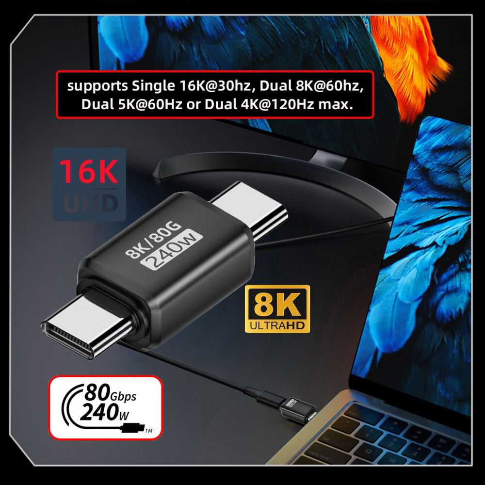USB5.0 80Gbps Male to Male Extension Adapter with 240W 16K 8K 5K Compatible with USB4.0 Thunderbolt3/4/5