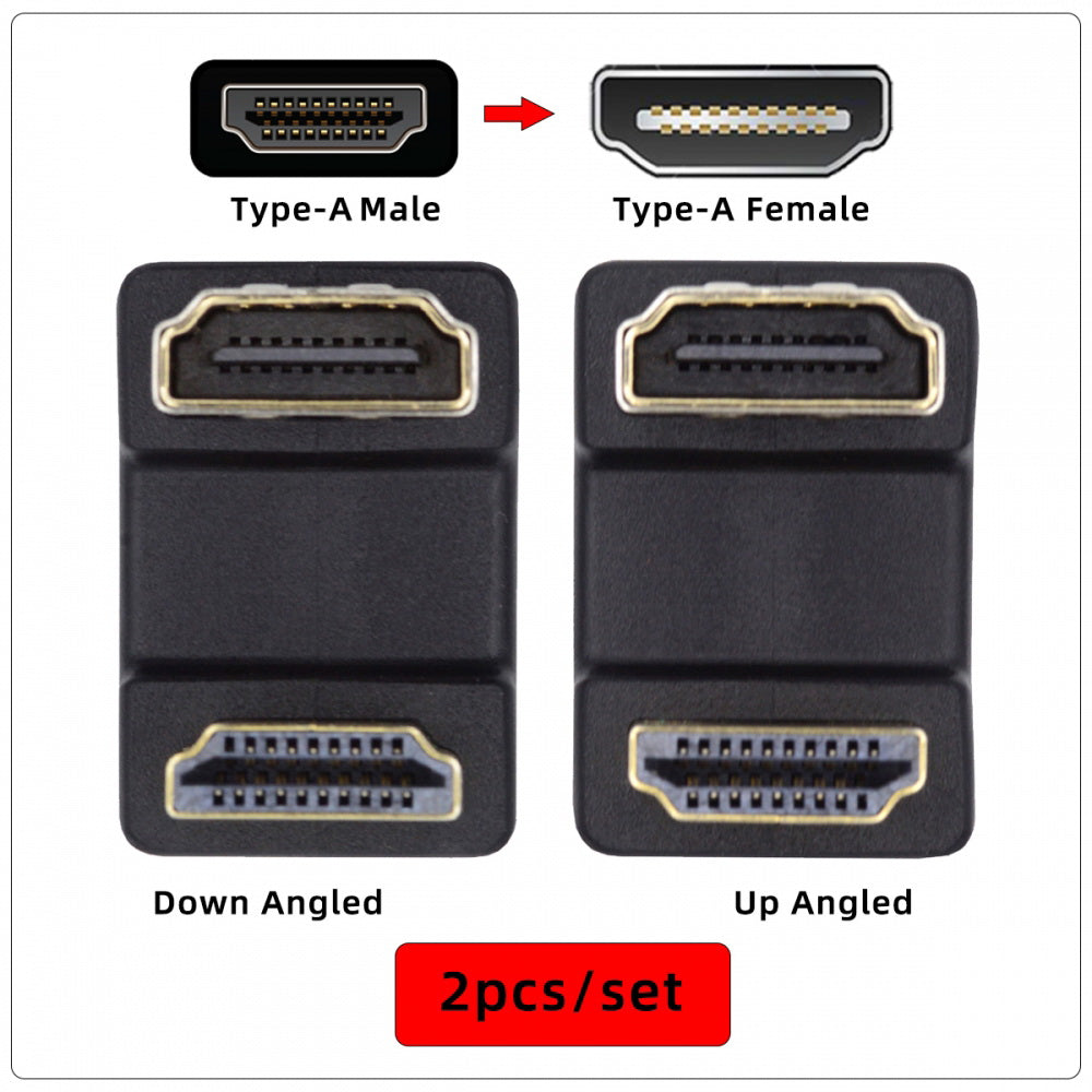 2pcs/lot Up & Down HDMI 1.4 Male Type-A to HDMI Female Port Saver 360 Degree Opposite U Shape Back Angled Extension Adapter