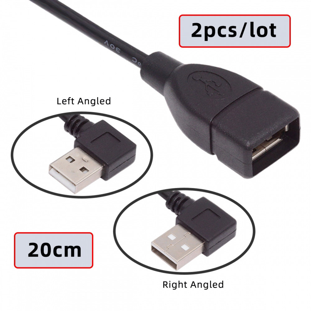 2pcs/lot Left & Right Angled Type USB 2.0 Type-A Male to USB Female Extension Cable 90 Degree Type 20cm