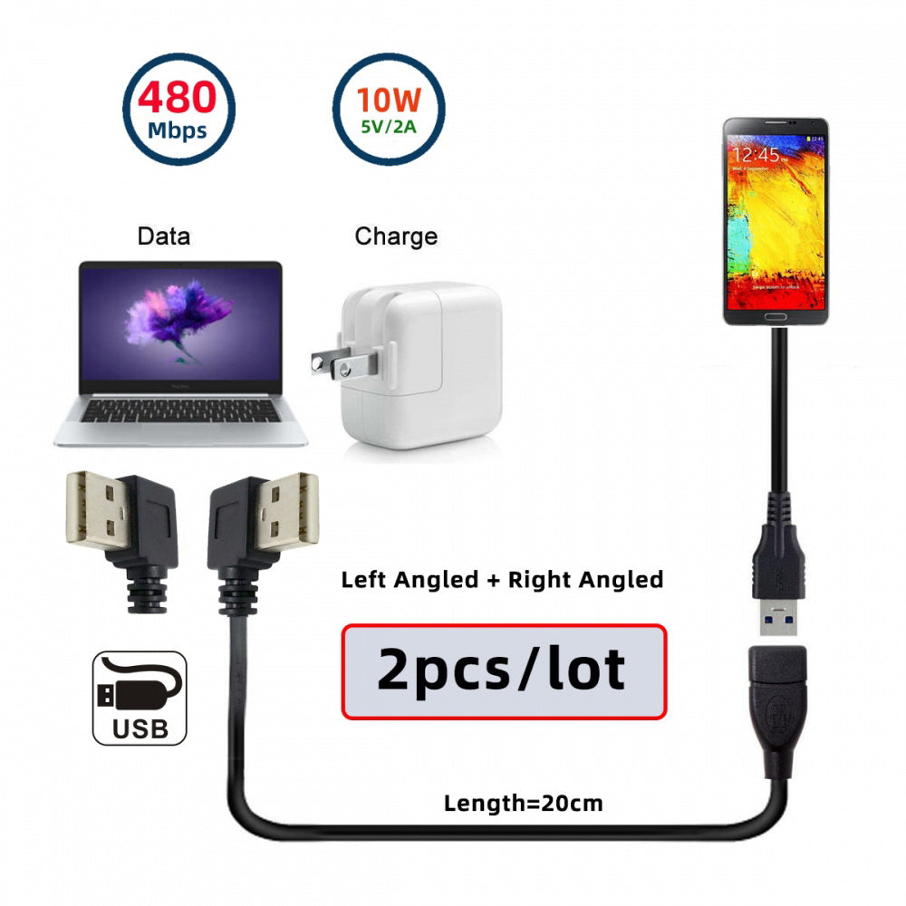 2pcs/lot Left & Right Angled Type USB 2.0 Type-A Male to USB Female Extension Cable 90 Degree Type 20cm