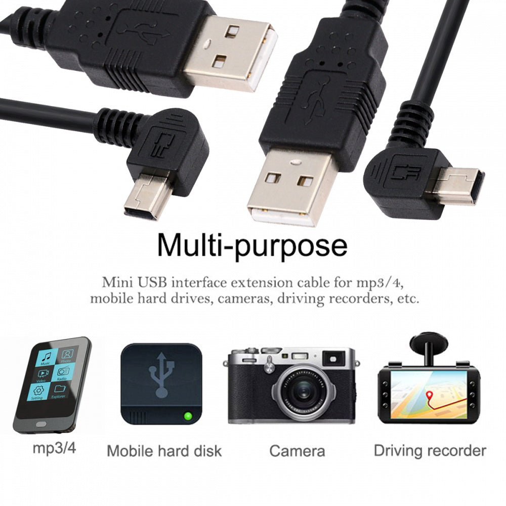 2pcs/lot Left & Right Angled Mini USB B Type 5pin Male 90 Degree to USB 2.0 Male Power Data Cable 50cm