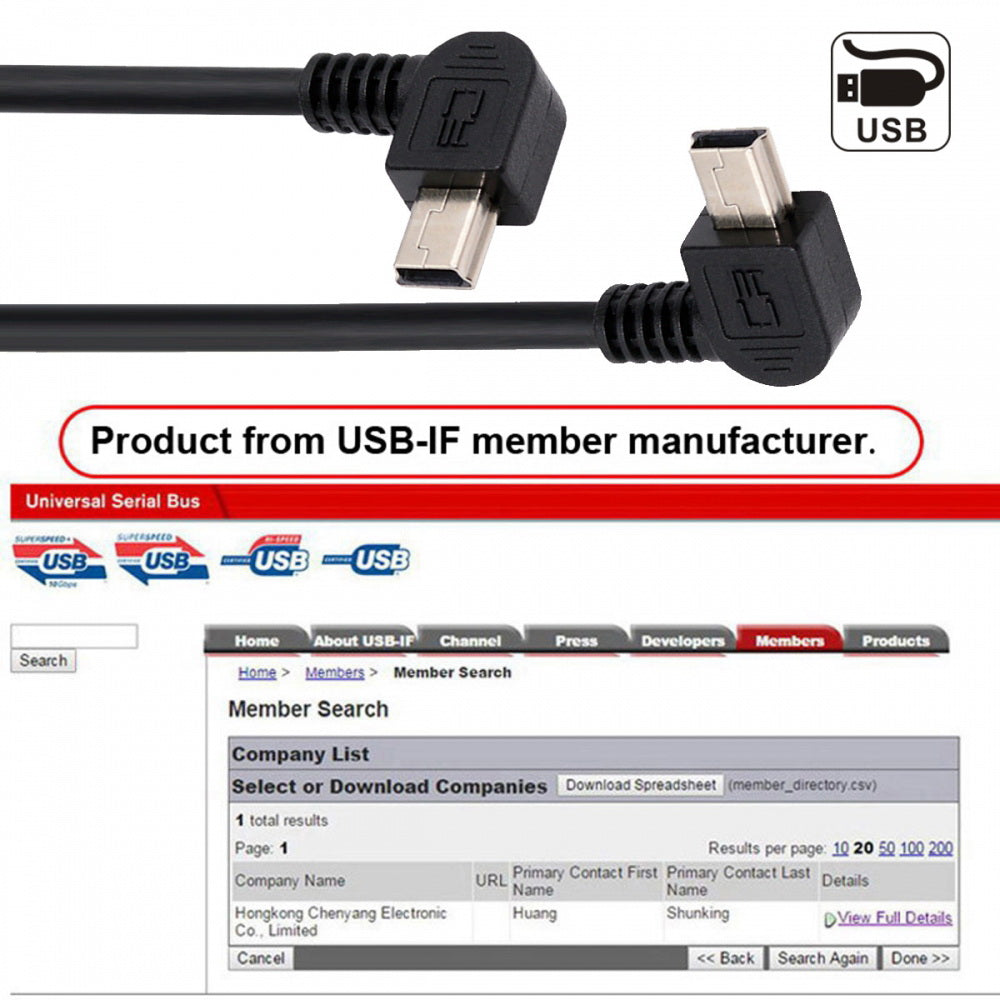 2pcs/lot Left & Right Angled Mini USB B Type 5pin Male 90 Degree to USB 2.0 Male Power Data Cable 50cm