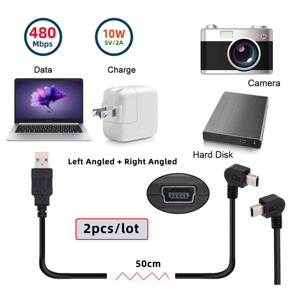 2pcs/lot Left & Right Angled Mini USB B Type 5pin Male 90 Degree to USB 2.0 Male Power Data Cable 50cm