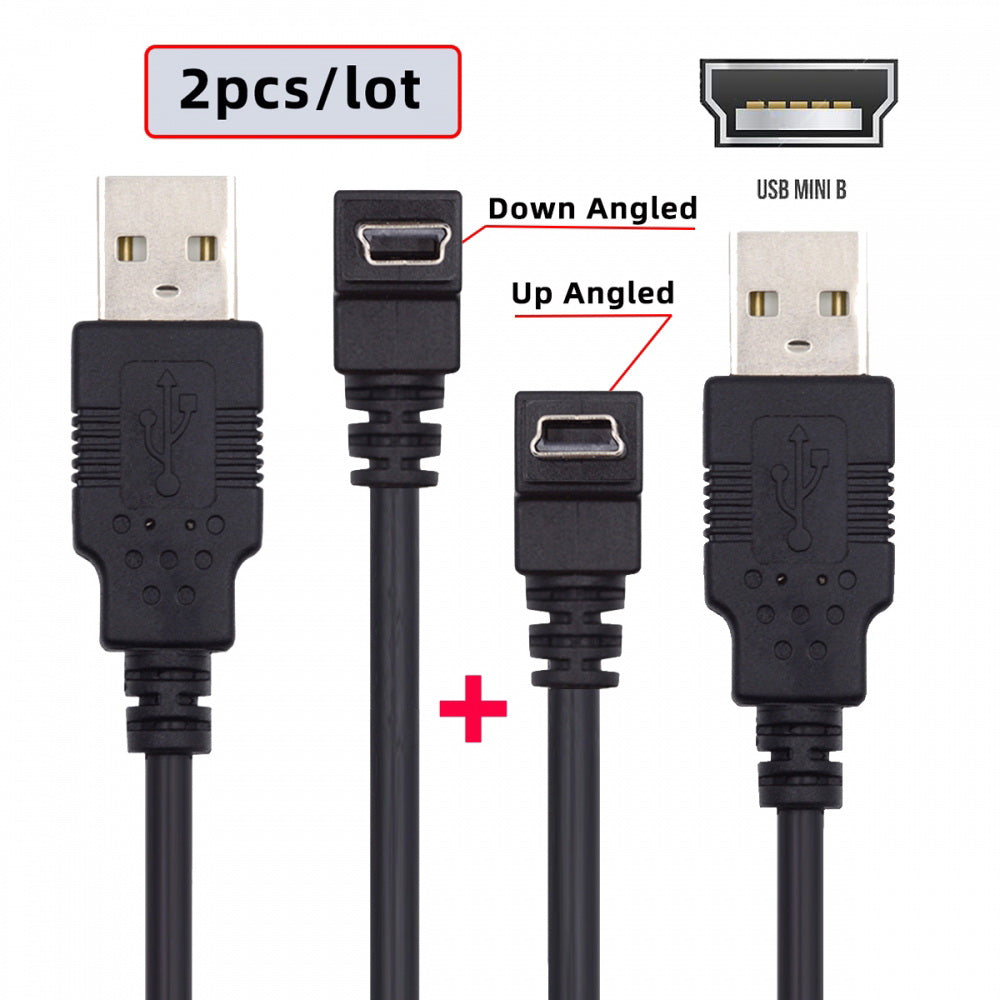 2pcs/lot Down & Up Angled Mini USB B Type 5pin Male 90 Degree to USB 2.0 Male Power Data Cable 50cm