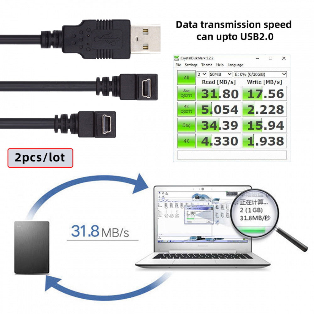 2pcs/lot Down & Up Angled Mini USB B Type 5pin Male 90 Degree to USB 2.0 Male Power Data Cable 50cm