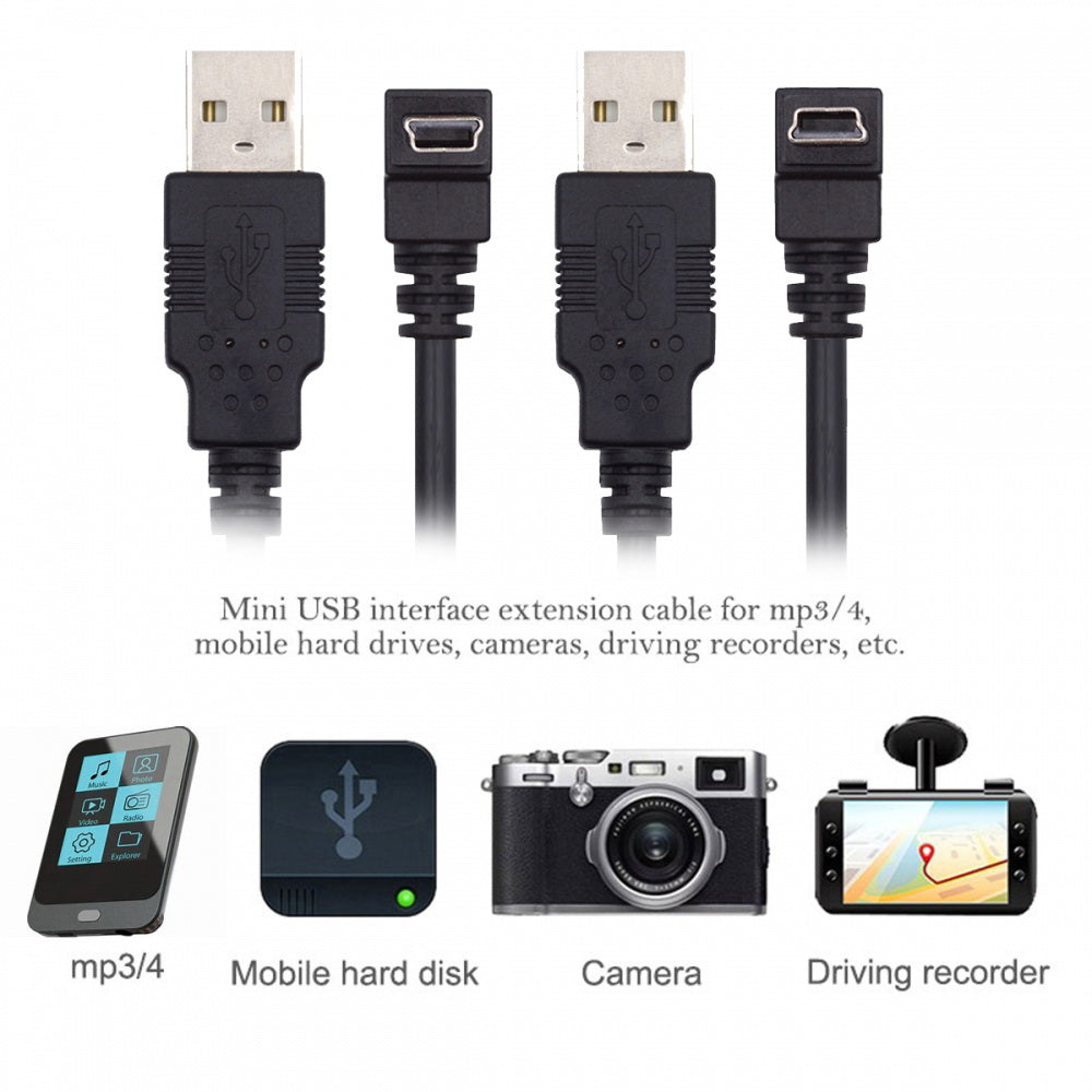 2pcs/lot Down & Up Angled Mini USB B Type 5pin Male 90 Degree to USB 2.0 Male Power Data Cable 50cm