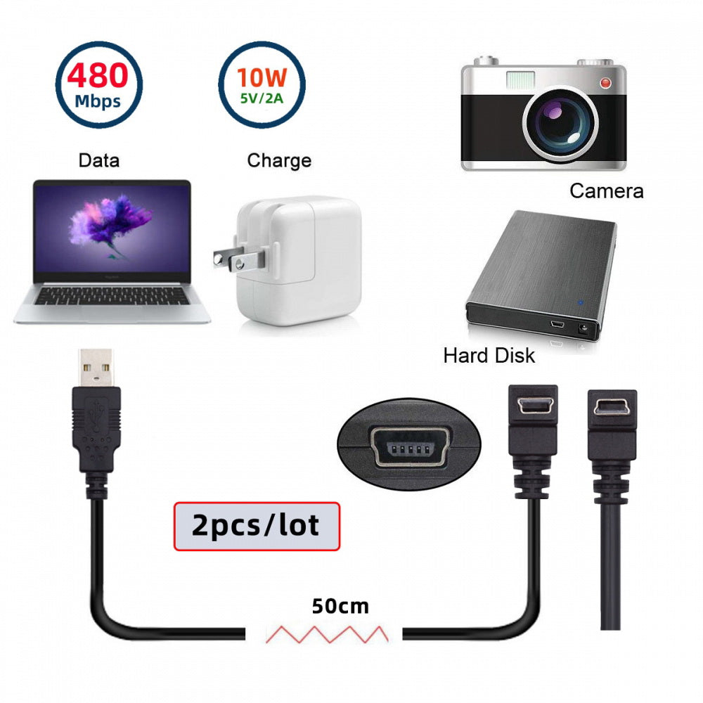 2pcs/lot Down & Up Angled Mini USB B Type 5pin Male 90 Degree to USB 2.0 Male Power Data Cable 50cm